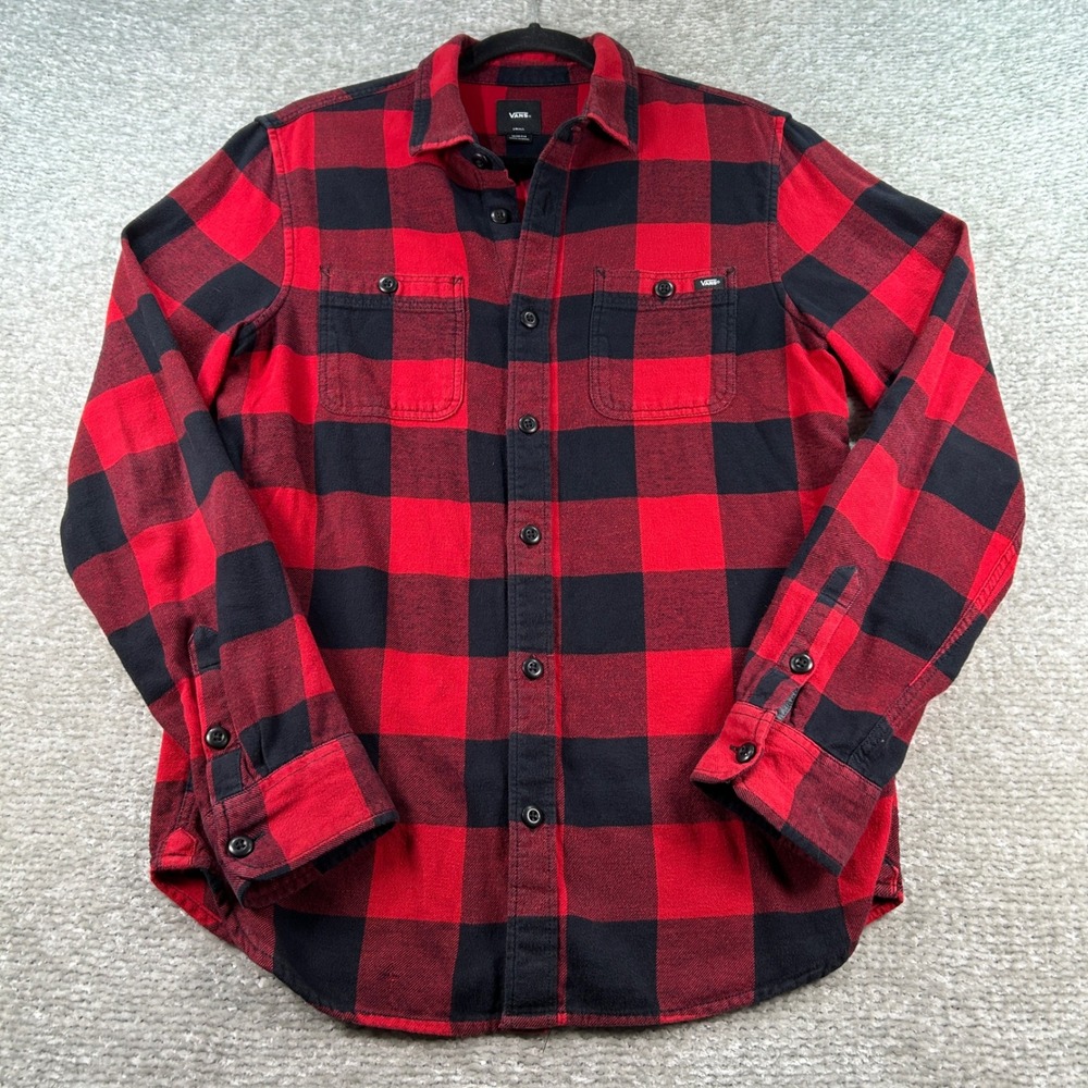 Vans Mens Slim Fit Red Black Buffalo Plaid Flannel Button Down Shirt Small